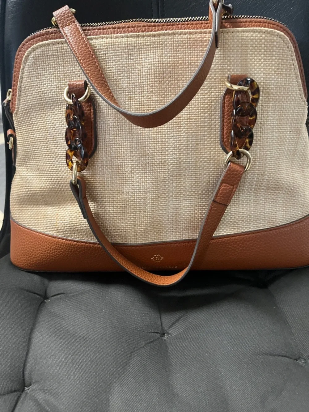 Nanette Lepore Cream and Brown Woven Satchel with Tortoiseshell Accents - Picture 3 of 8